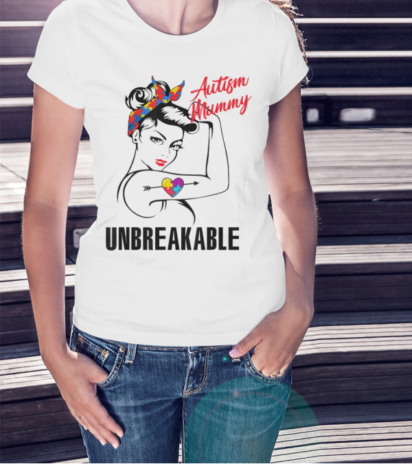 Autism Mummy Unbreakable Heart Puzzle Ribbon Awareness T-Shirt
