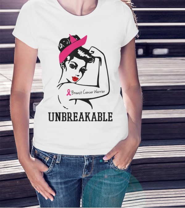 Unbreakable Breast Cancer Warrior Rosie The Riveter Pink T-Shirt
