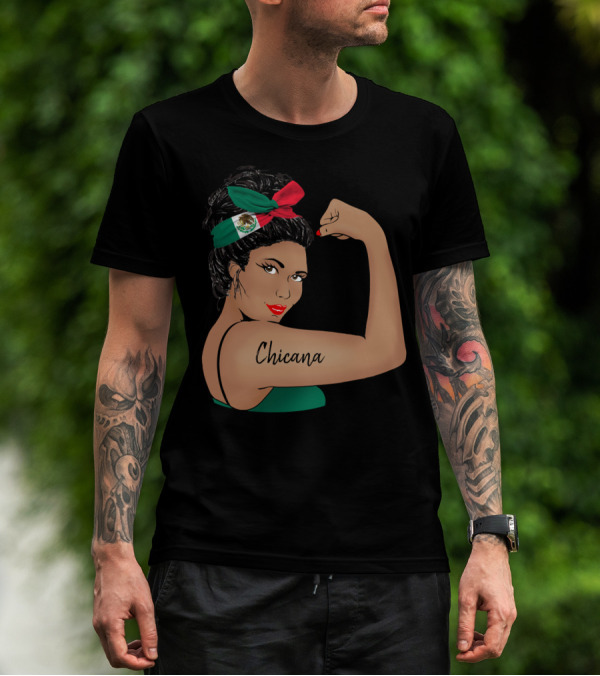 Chicana Girl Flexing With Mexican Flag Hair Wrap Unbreakable Strong T-Shirt