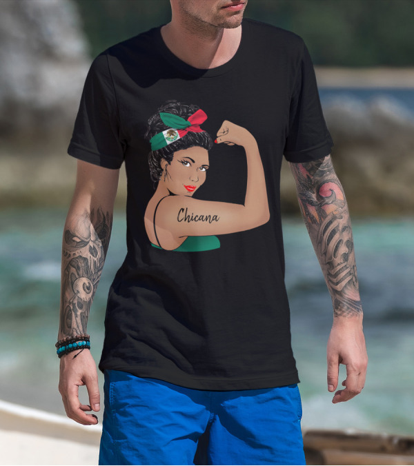 Chicana Girl Flexing With Mexican Flag Hair Wrap Unbreakable Strong T-Shirt