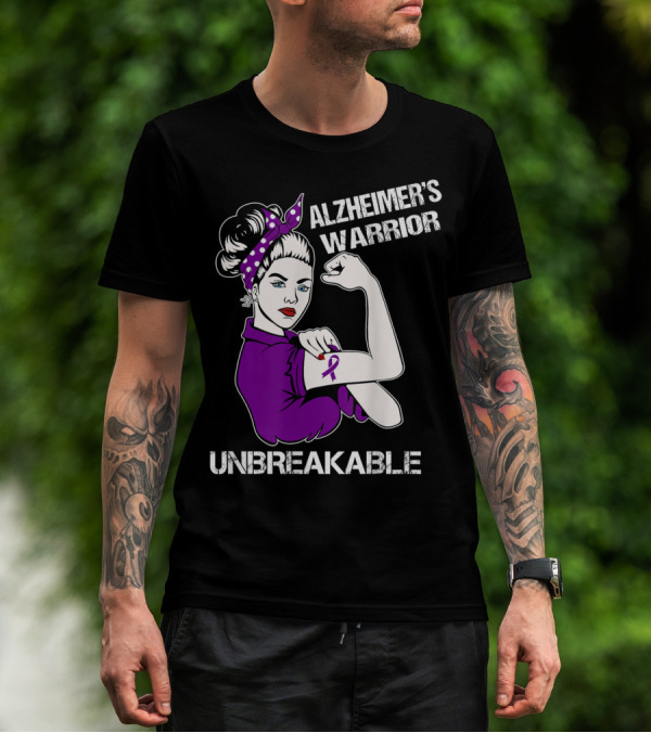 Alzheimer's Warrior Unbreakable Rosie The Riveter Style Purple Awareness T-Shirt