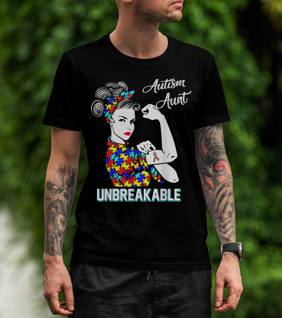 Autism Aunt Unbreakable Rosie The Riveter Puzzle Ribbon Awareness T-Shirt