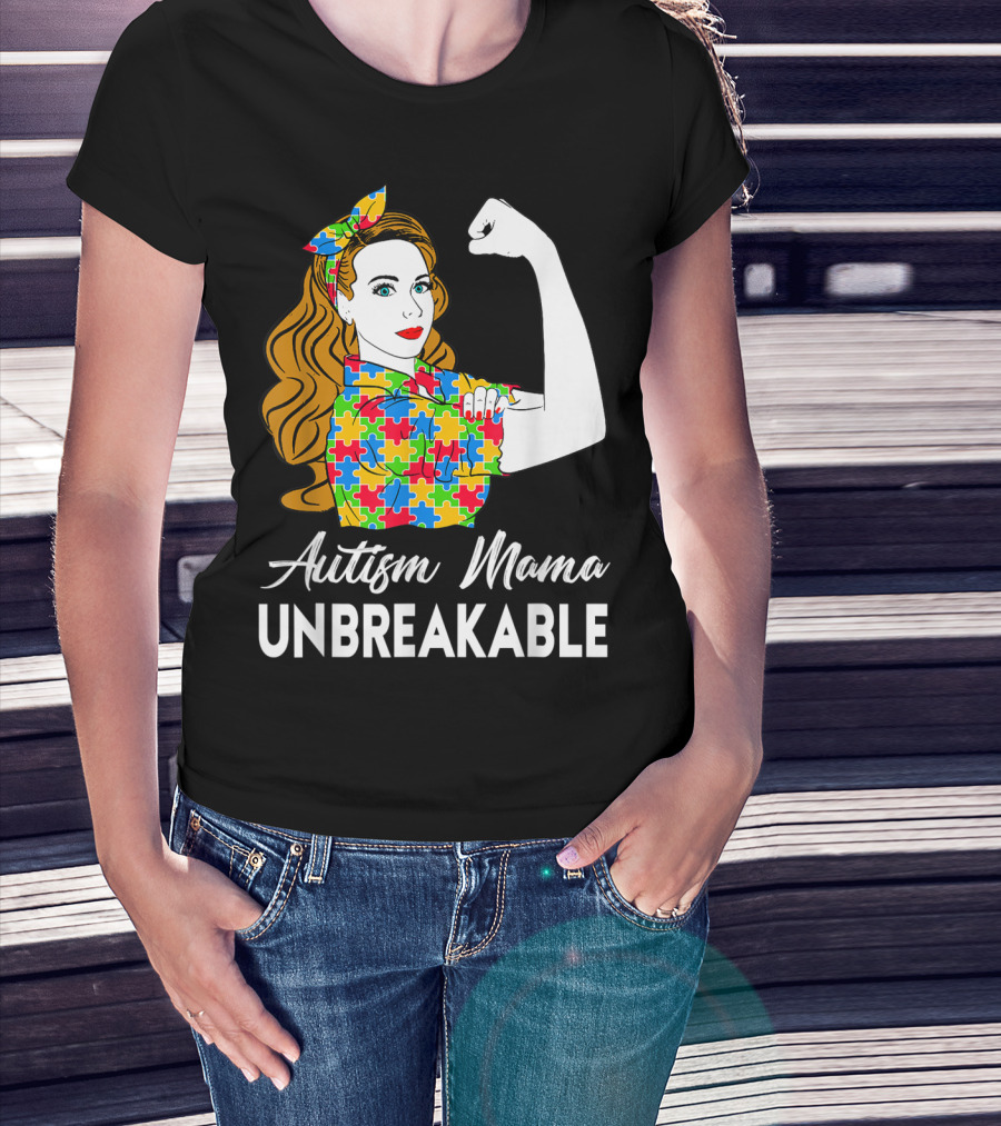 Autism Mama Unbreakable Puzzle Piece Icon Rosie The Riveter T-Shirt