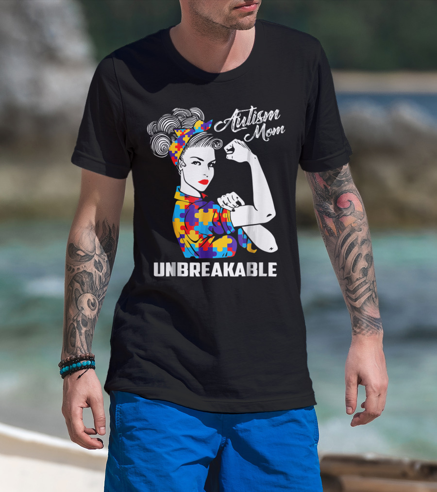 Autism Mom Unbreakable Autism Awareness Rosie The Riveter Puzzle T-Shirt