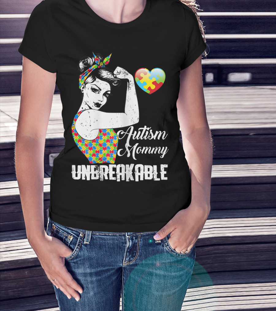Autism Mommy Unbreakable Puzzle Heart Rosie The Riveter T-Shirt