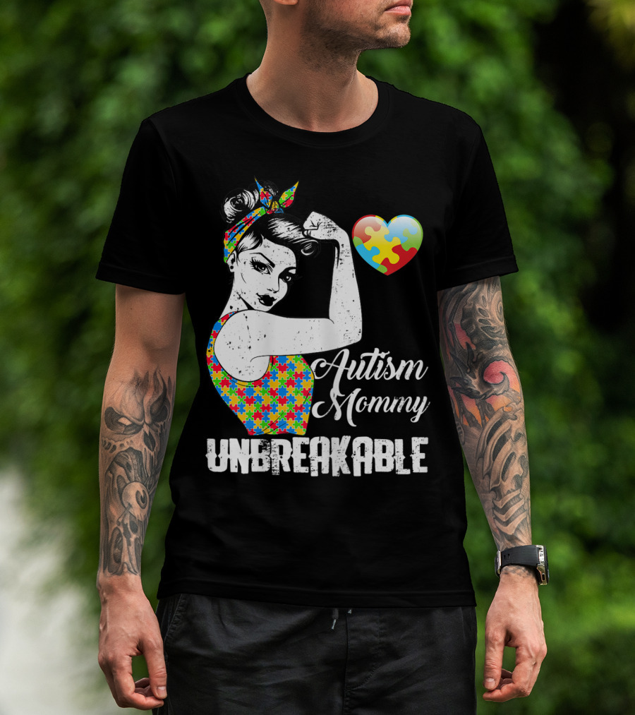 Autism Mommy Unbreakable Puzzle Heart Rosie The Riveter T-Shirt