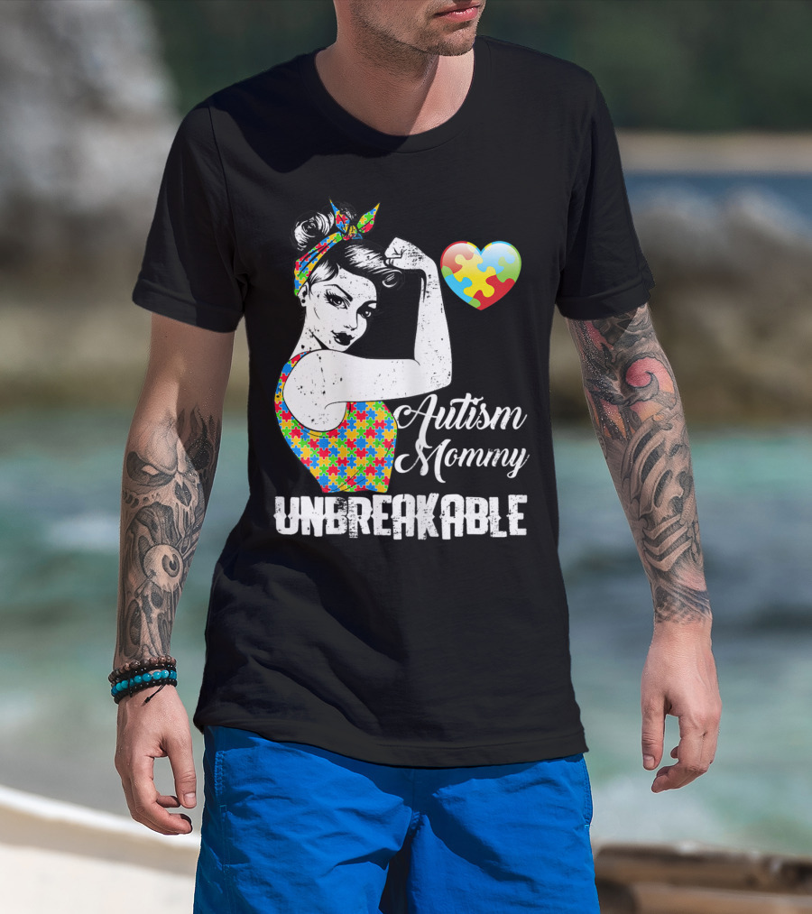 Autism Mommy Unbreakable Puzzle Heart Rosie The Riveter T-Shirt