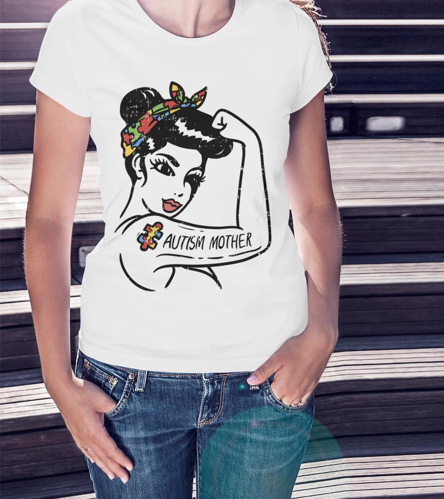 Autism Mother Unbreakable Puzzle Piece Bandana Rosie Riveter T-Shirt