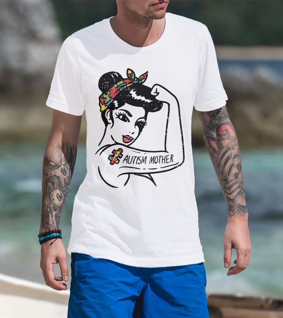 Autism Mother Unbreakable Puzzle Piece Bandana Rosie Riveter T-Shirt