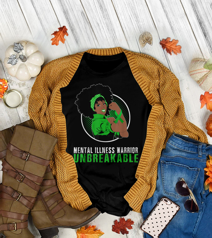 Mental Illness Warrior Unbreakable Empowerment Image with Afro and Green T-Shirt