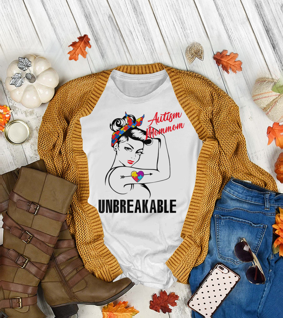 Autism Mommom Unbreakable Heart Puzzle Autism Awareness T-Shirt