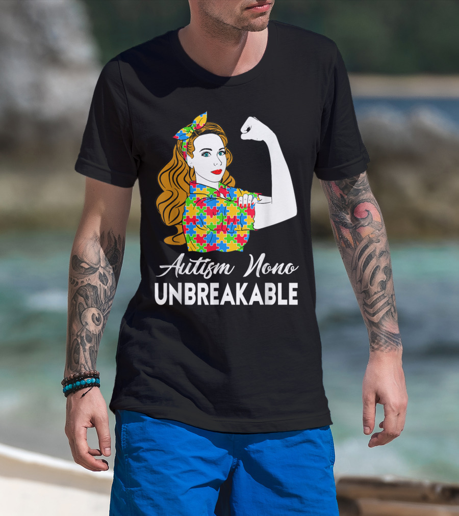 Autism Nono Unbreakable Autism Awareness Puzzle Pattern Rosie The Riveter T-Shirt