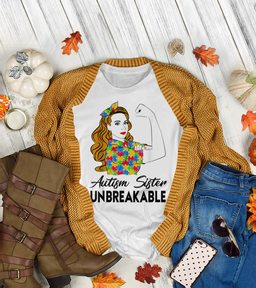 Autism Sister Unbreakable Autism Awareness Puzzle Pattern Rosie the Riveter T-Shirt