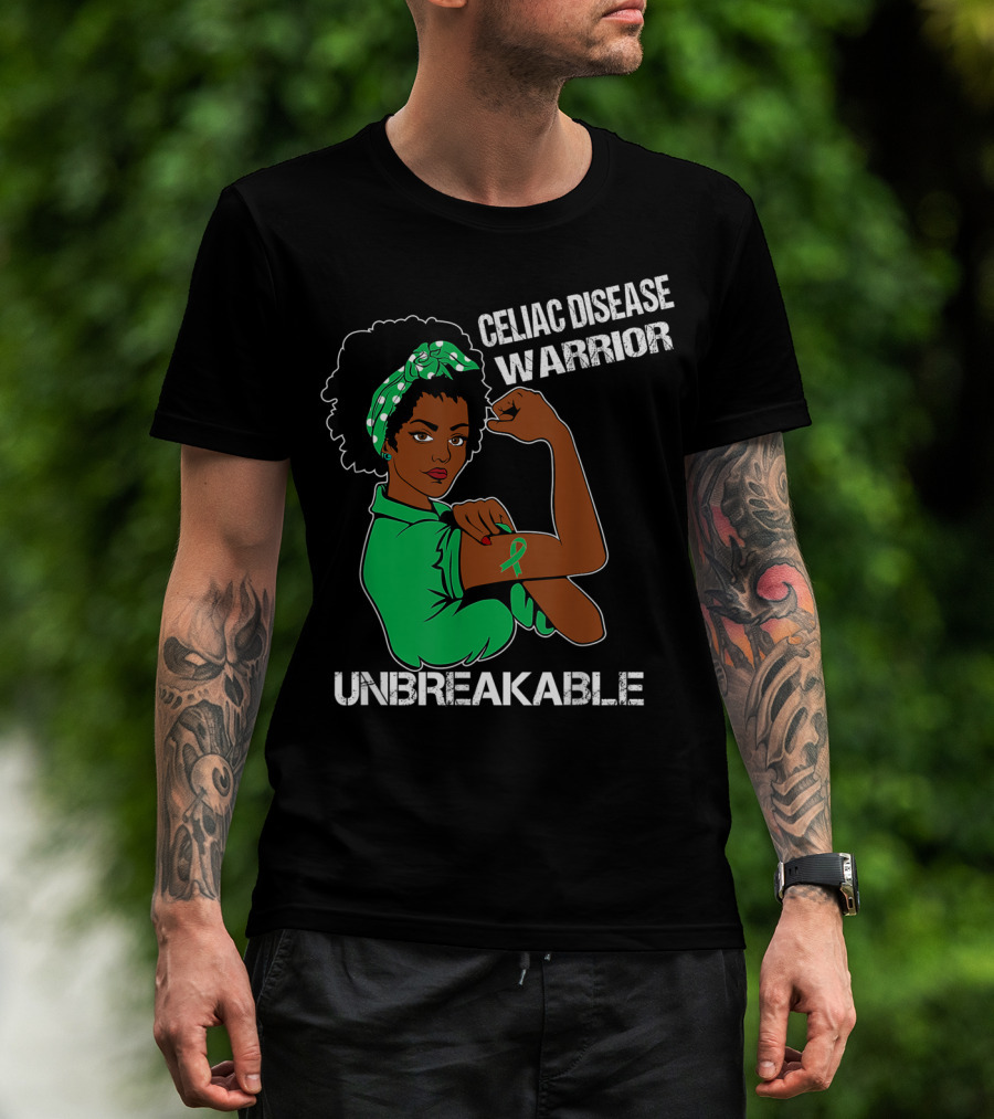 Celiac Disease Warrior Unbreakable With Empowering Arm Pose And Green Awareness T-Shirt