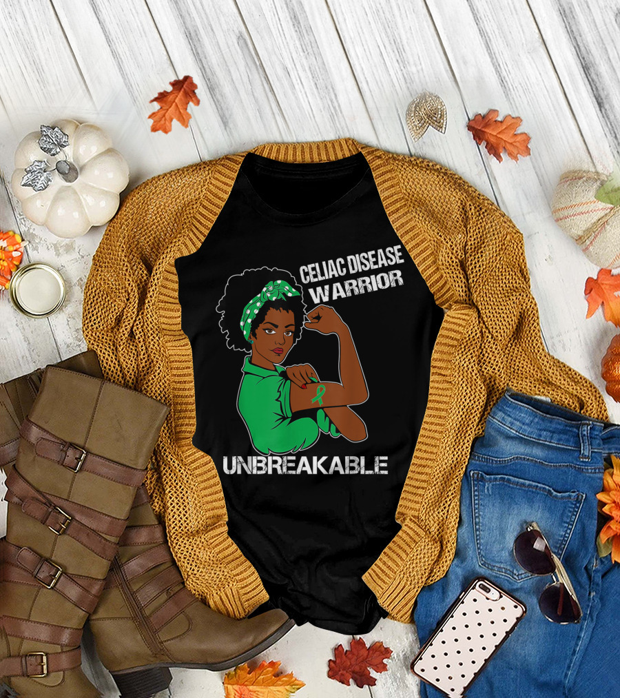 Celiac Disease Warrior Unbreakable With Empowering Arm Pose And Green Awareness T-Shirt