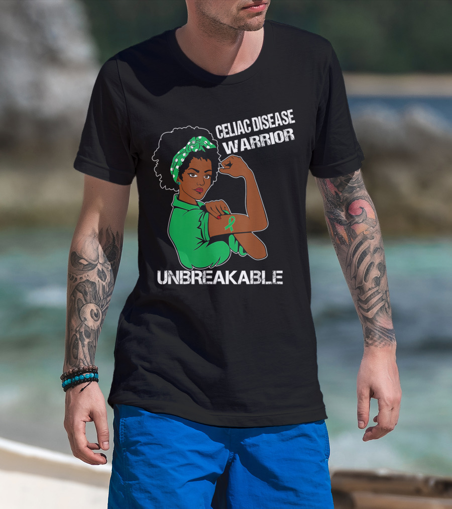 Celiac Disease Warrior Unbreakable With Empowering Arm Pose And Green Awareness T-Shirt