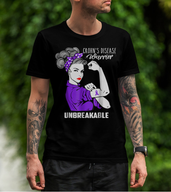 Crohn's Disease Warrior Unbreakable Awareness With Purple Ribbon Rosie The Riveter T-Shirt