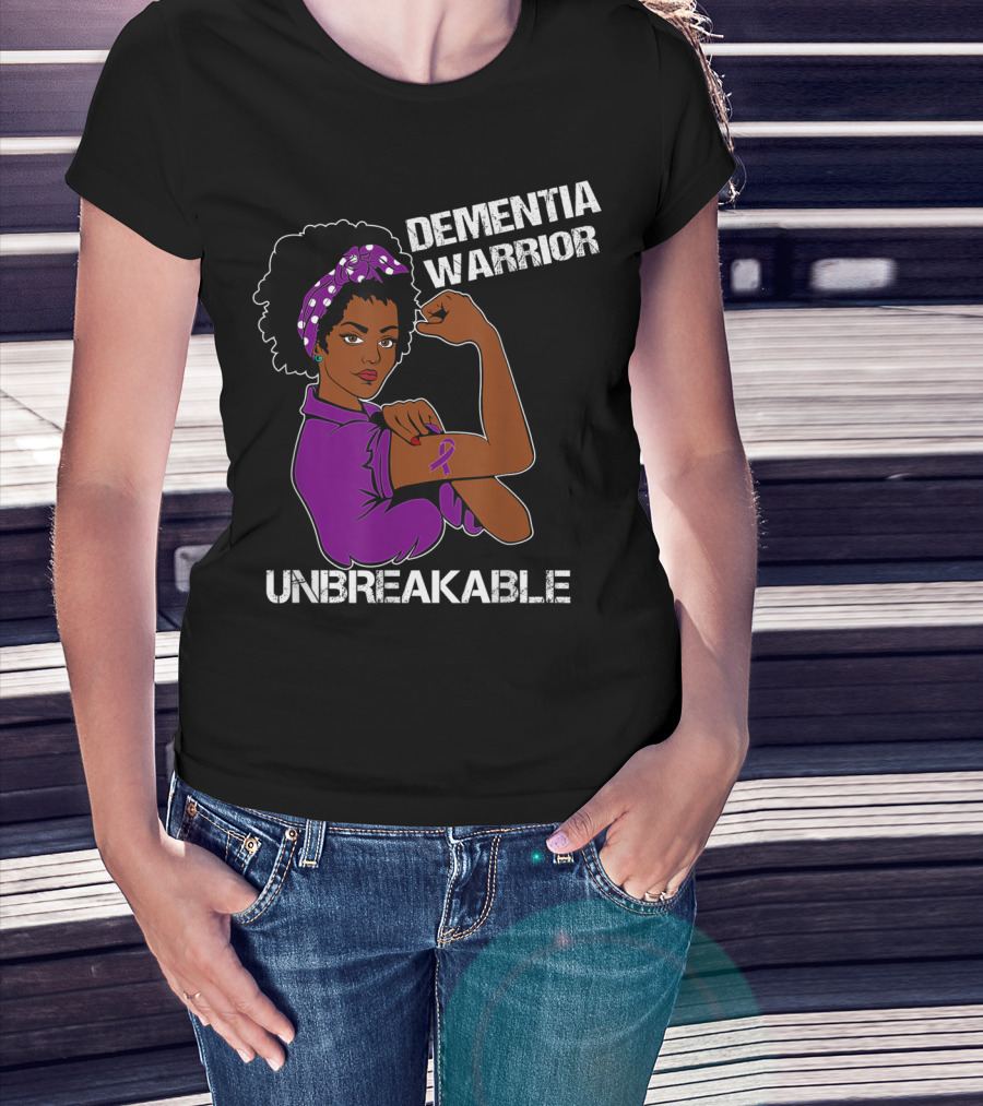 Dementia Warrior Unbreakable Rosie The Riveter Woman With Purple Awareness T-Shirt