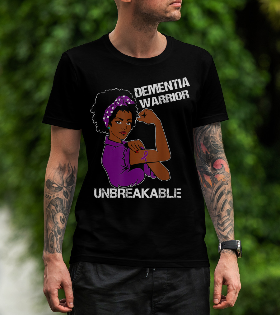 Dementia Warrior Unbreakable Rosie The Riveter Woman With Purple Awareness T-Shirt