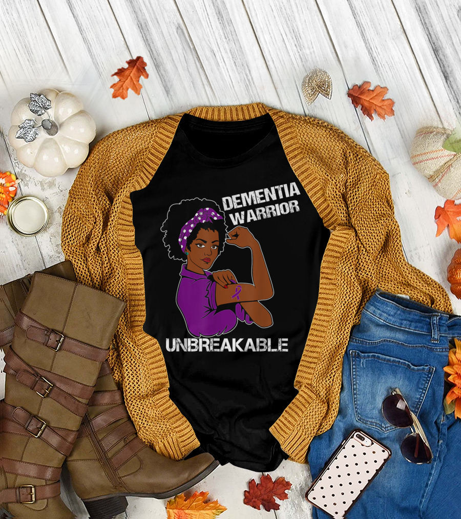 Dementia Warrior Unbreakable Rosie The Riveter Woman With Purple Awareness T-Shirt