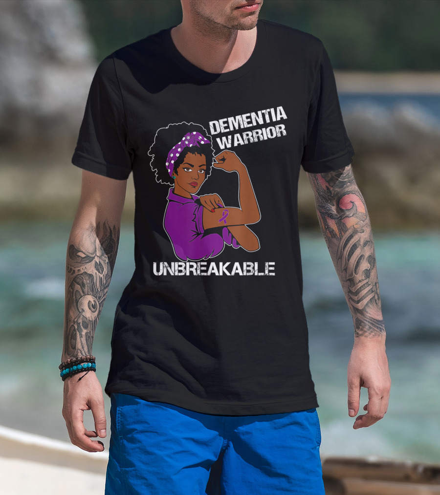Dementia Warrior Unbreakable Rosie The Riveter Woman With Purple Awareness T-Shirt