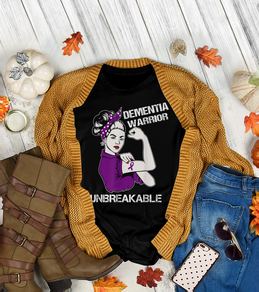 Dementia Warrior Unbreakable Purple Ribbon Rosie the Riveter T-Shirt