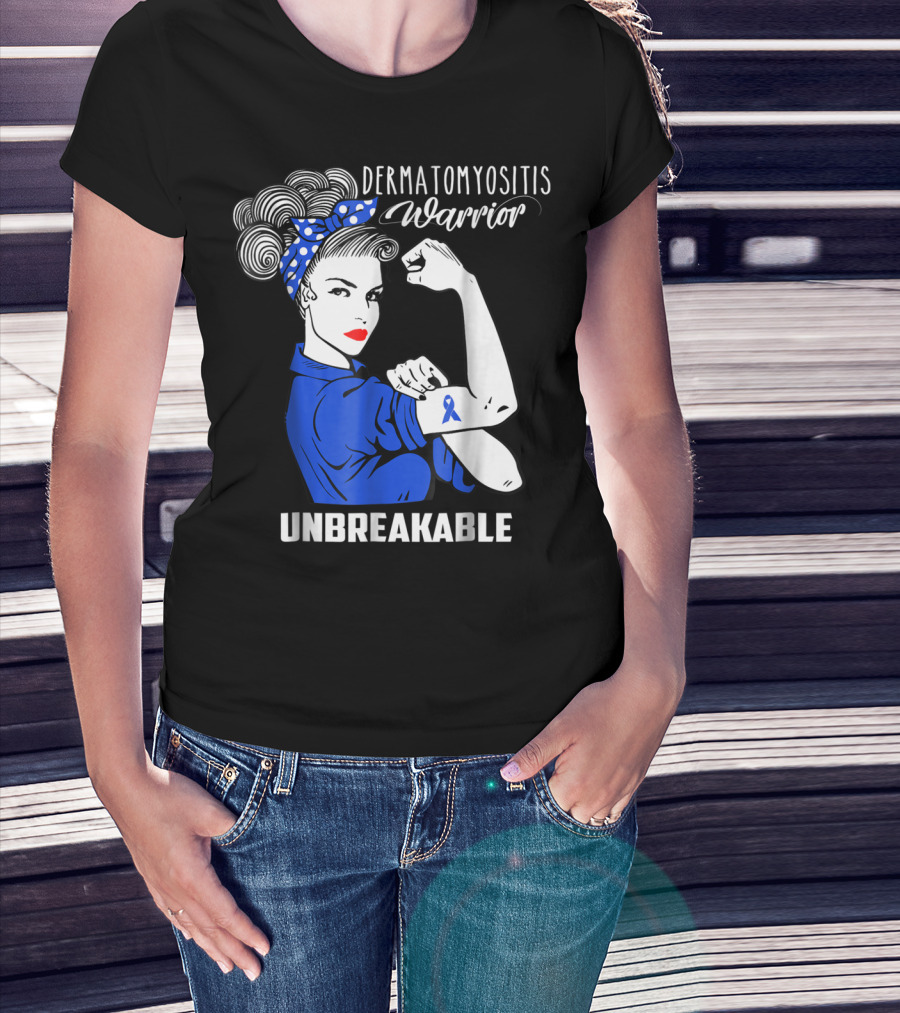 Dermatomyositis Warrior Unbreakable Awareness Flexing Rosie Icon With Blue T-Shirt