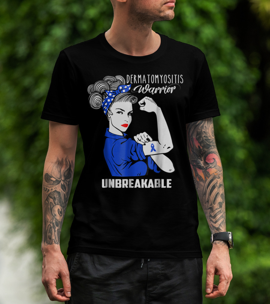 Dermatomyositis Warrior Unbreakable Awareness Flexing Rosie Icon With Blue T-Shirt