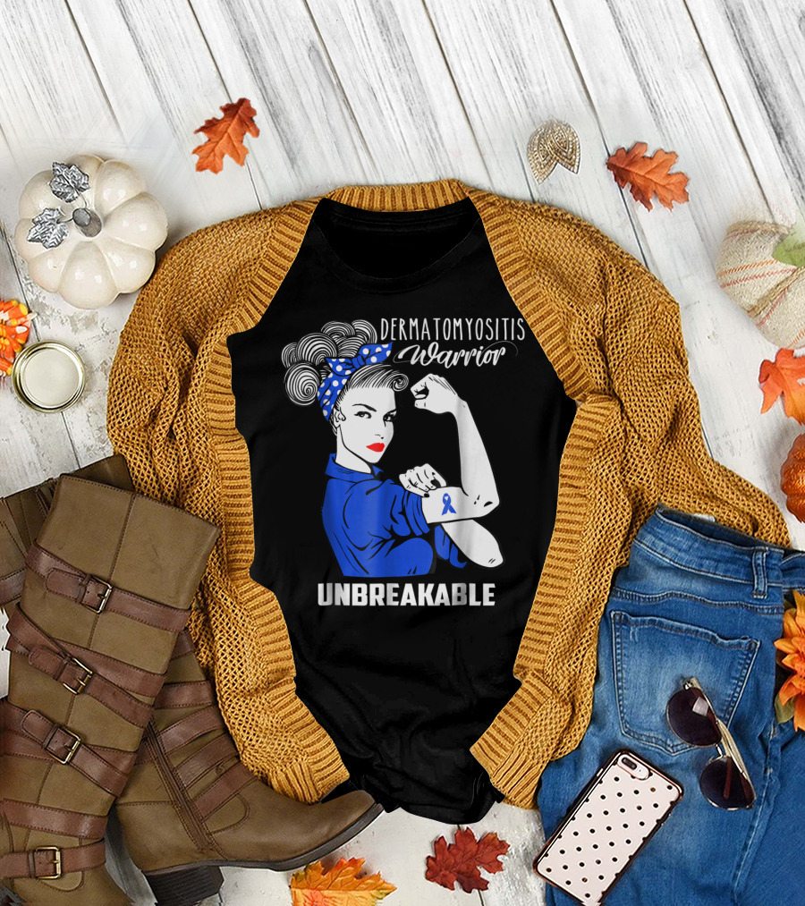 Dermatomyositis Warrior Unbreakable Awareness Flexing Rosie Icon With Blue T-Shirt