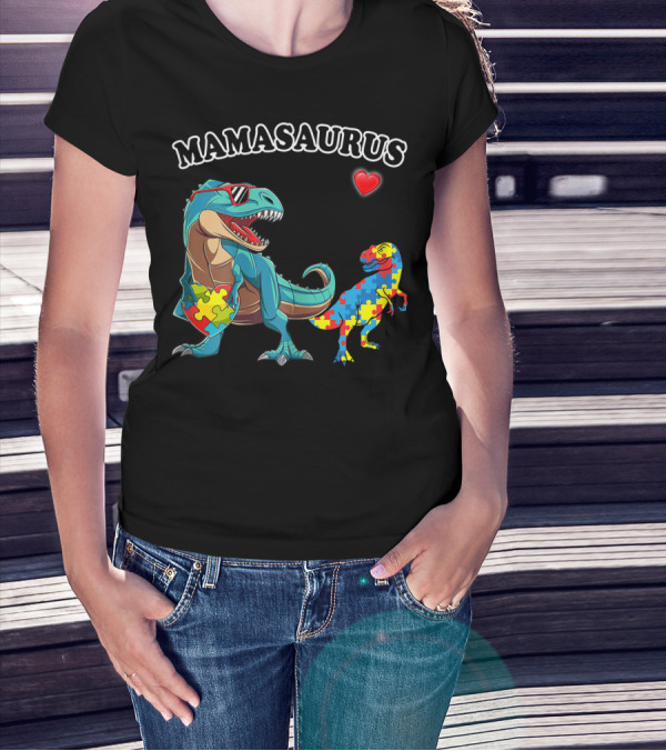 Mamasaurus Dinosaur Heart Puzzle Autism Awareness T-Shirt