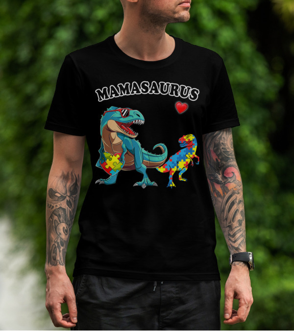 Mamasaurus Dinosaur Heart Puzzle Autism Awareness T-Shirt