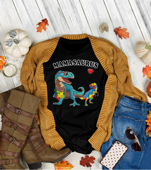 Mamasaurus Dinosaur Heart Puzzle Autism Awareness T-Shirt
