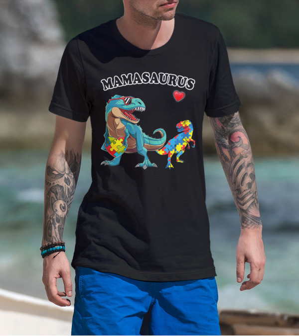 Mamasaurus Dinosaur Heart Puzzle Autism Awareness T-Shirt