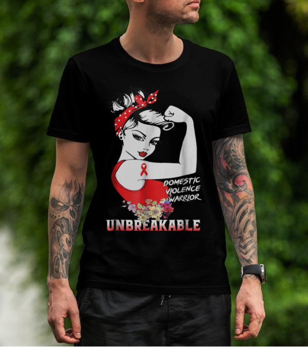 Domestic Violence Warrior Unbreakable Red Ribbon Rosie The Riveter Floral T-Shirt