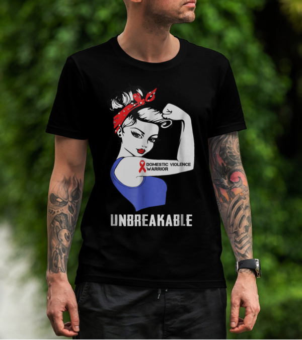 Domestic Violence Warrior Unbreakable Rosie Riveter Red Ribbon T-Shirt