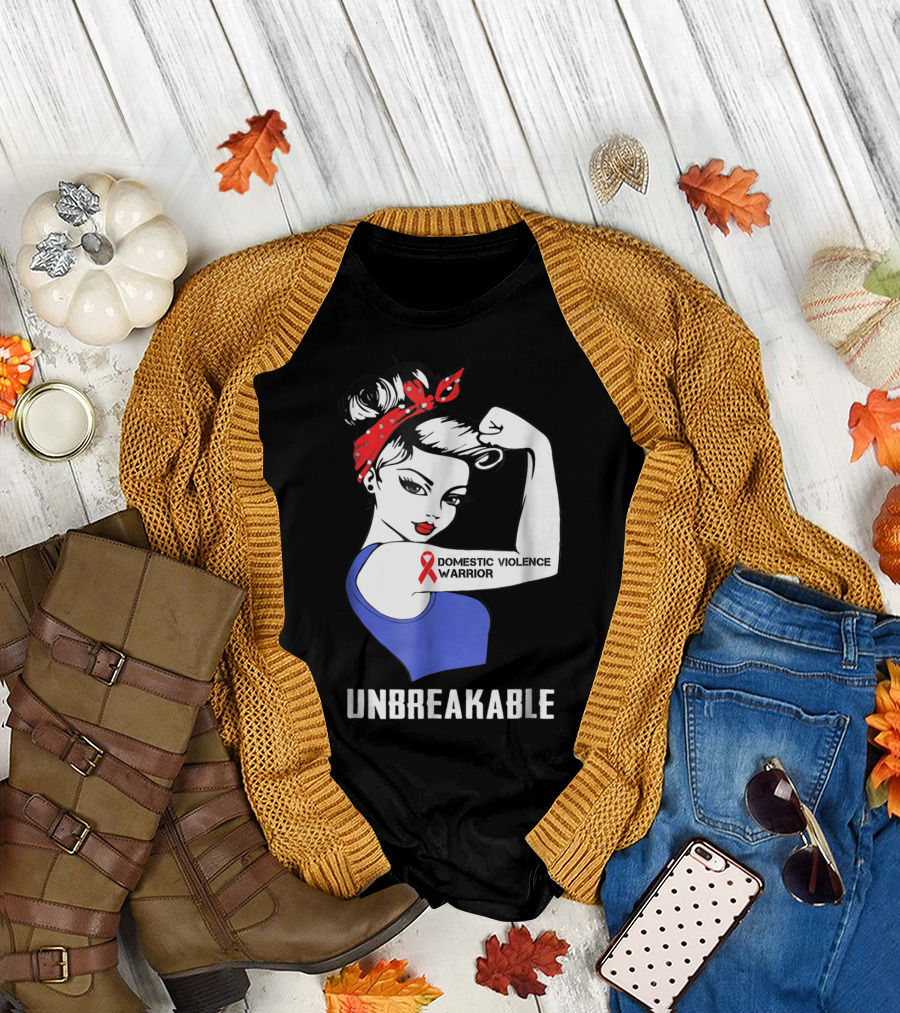 Domestic Violence Warrior Unbreakable Rosie Riveter Red Ribbon T-Shirt