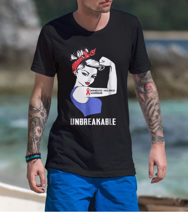 Domestic Violence Warrior Unbreakable Rosie Riveter Red Ribbon T-Shirt