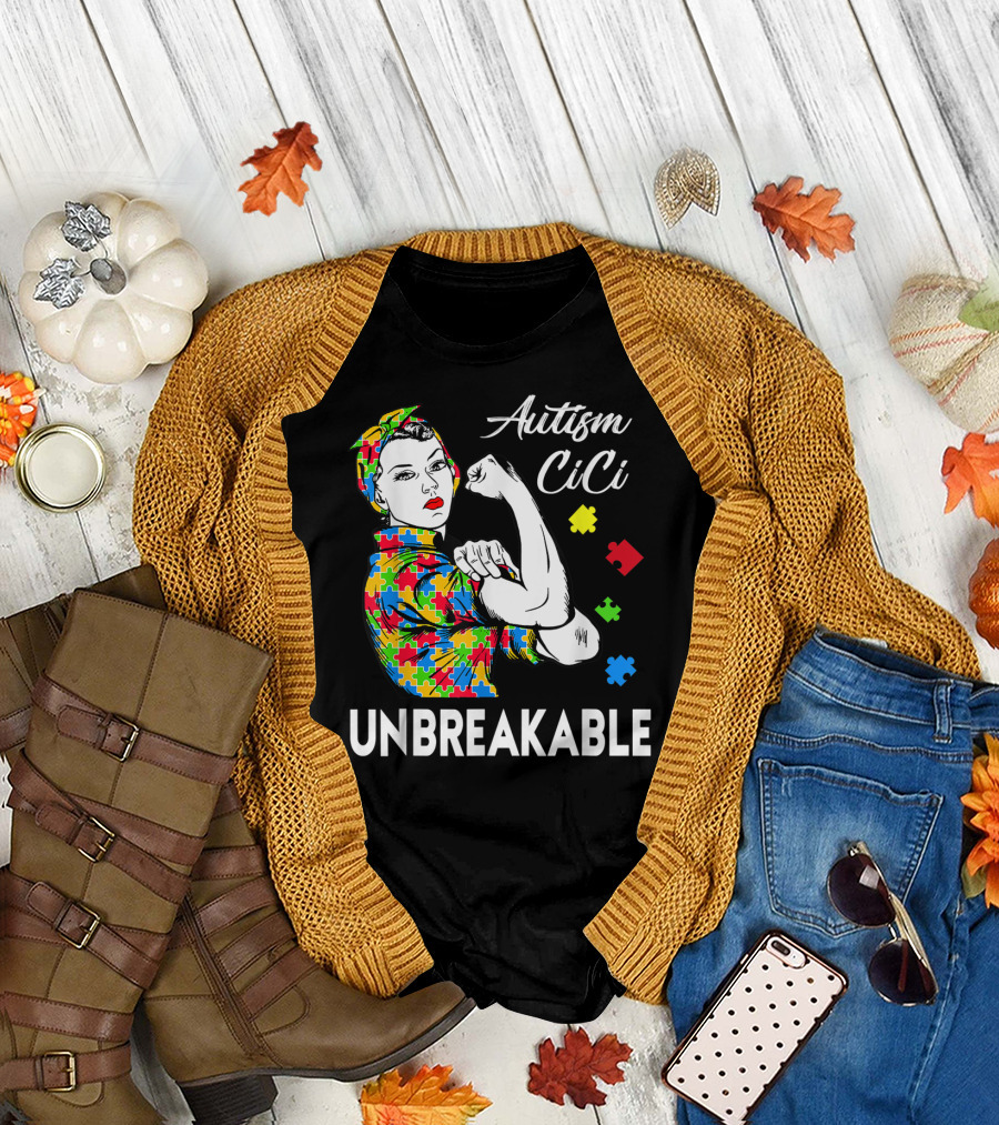 Autism CiCi Unbreakable Autism Awareness Puzzle Pieces Rosie The Riveter T-Shirt