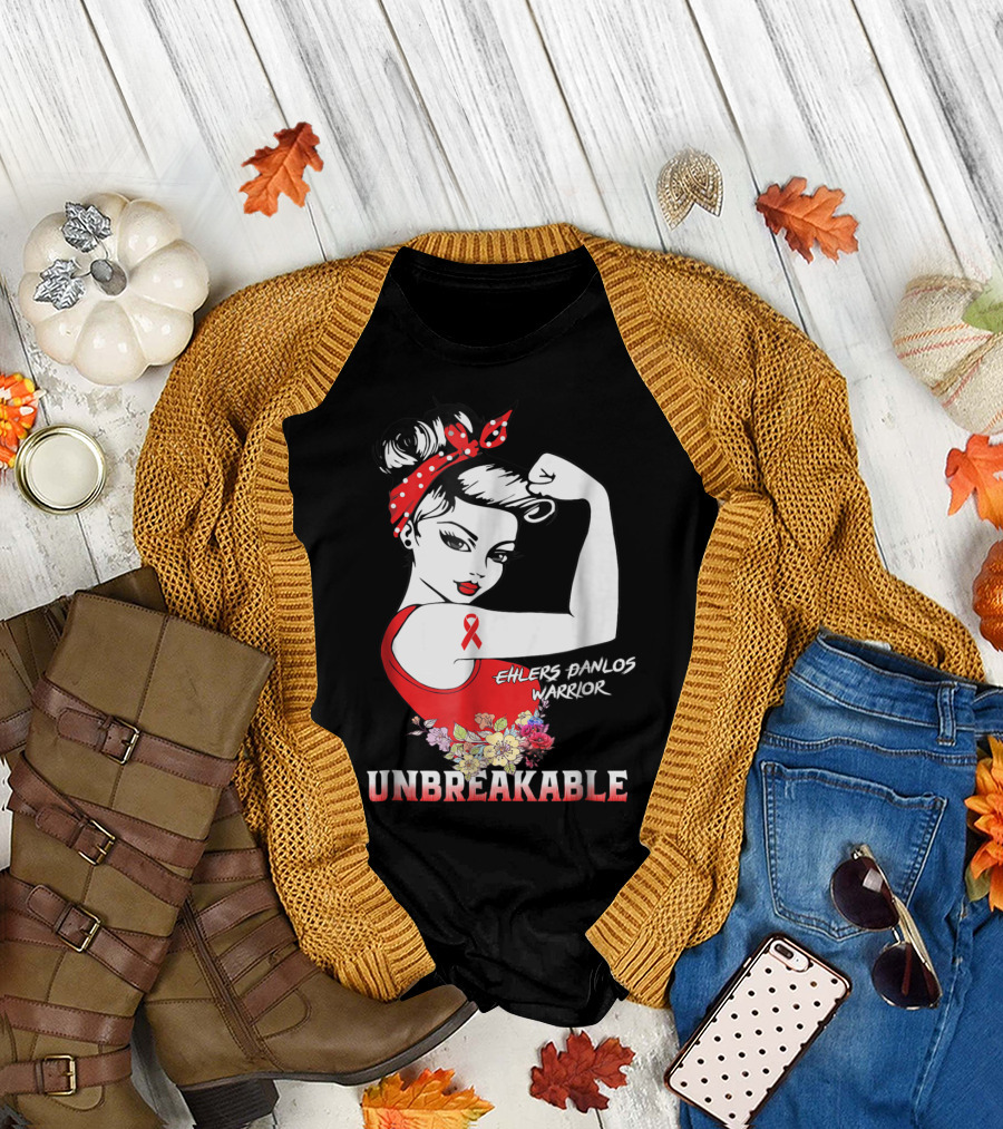 Ehlers Danlos Warrior Unbreakable Rosie the Riveter Style with Ribbon and Floral Elements T-Shirt
