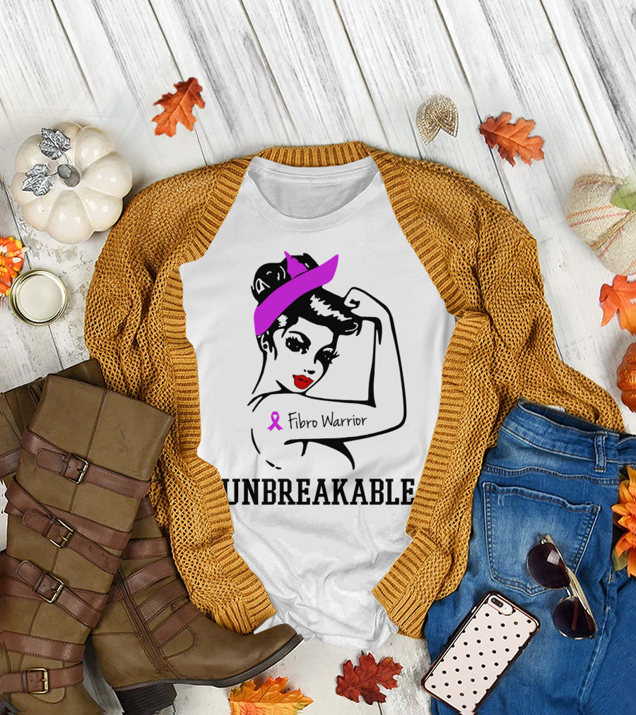 Fibro Warrior Unbreakable Strong Woman with Pink Ribbon and Purple Hair Bow T-Shirt