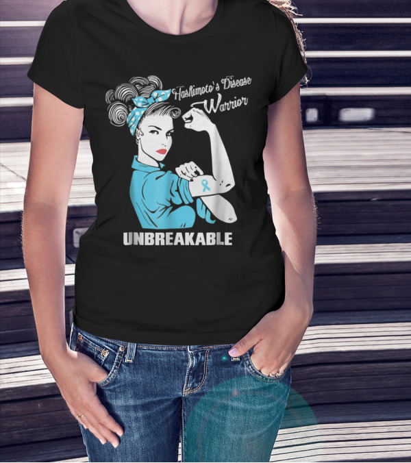 Hashimoto's Disease Warrior Unbreakable Rosie Riveter Style Blue Awareness T-Shirt
