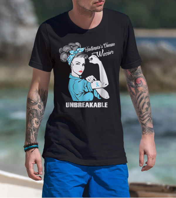 Hashimoto's Disease Warrior Unbreakable Rosie Riveter Style Blue Awareness T-Shirt