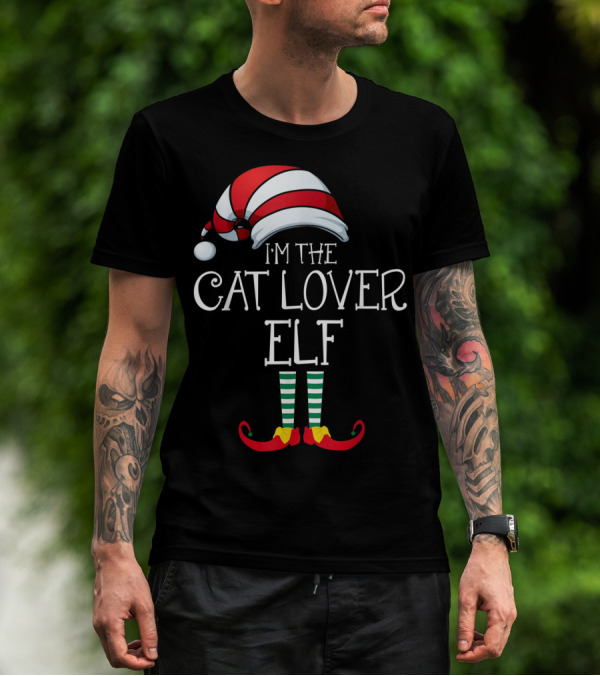 I'm The Cat Lover Elf Family Christmas Hat And Striped Socks T-Shirt