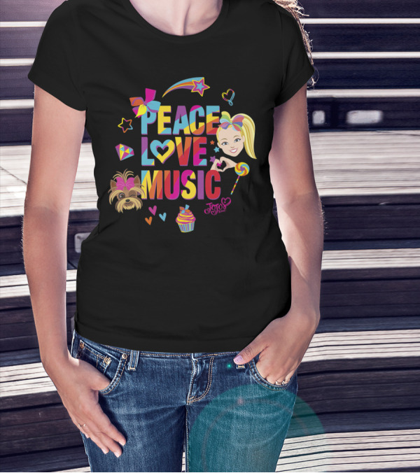 Jojo Siwa Peace Love Music Rainbow With Bow Stars Hearts Cupcake Puppy T-Shirt