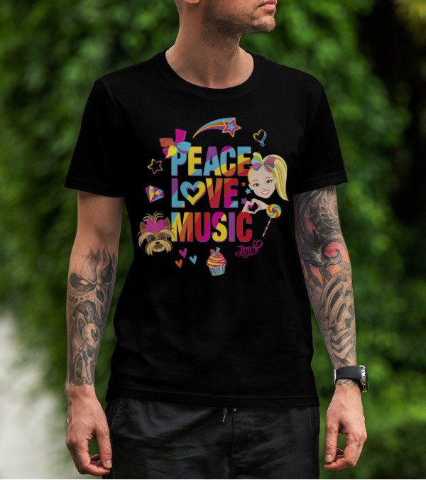 Jojo Siwa Peace Love Music Rainbow With Bow Stars Hearts Cupcake Puppy T-Shirt