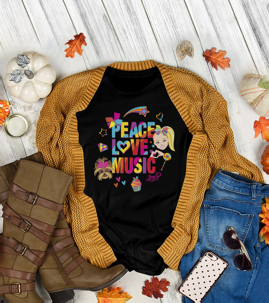 Jojo Siwa Peace Love Music Rainbow with Bow Stars Hearts Cupcake Puppy T-Shirt