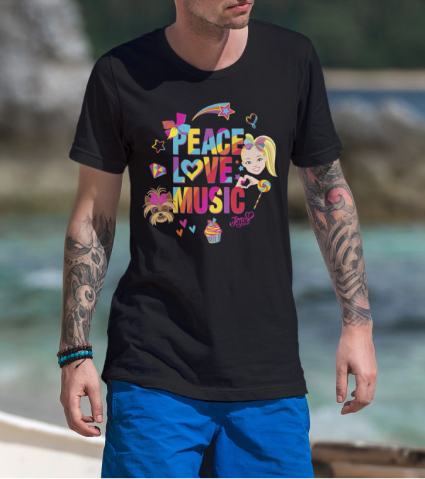 Jojo Siwa Peace Love Music Rainbow With Bow Stars Hearts Cupcake Puppy T-Shirt