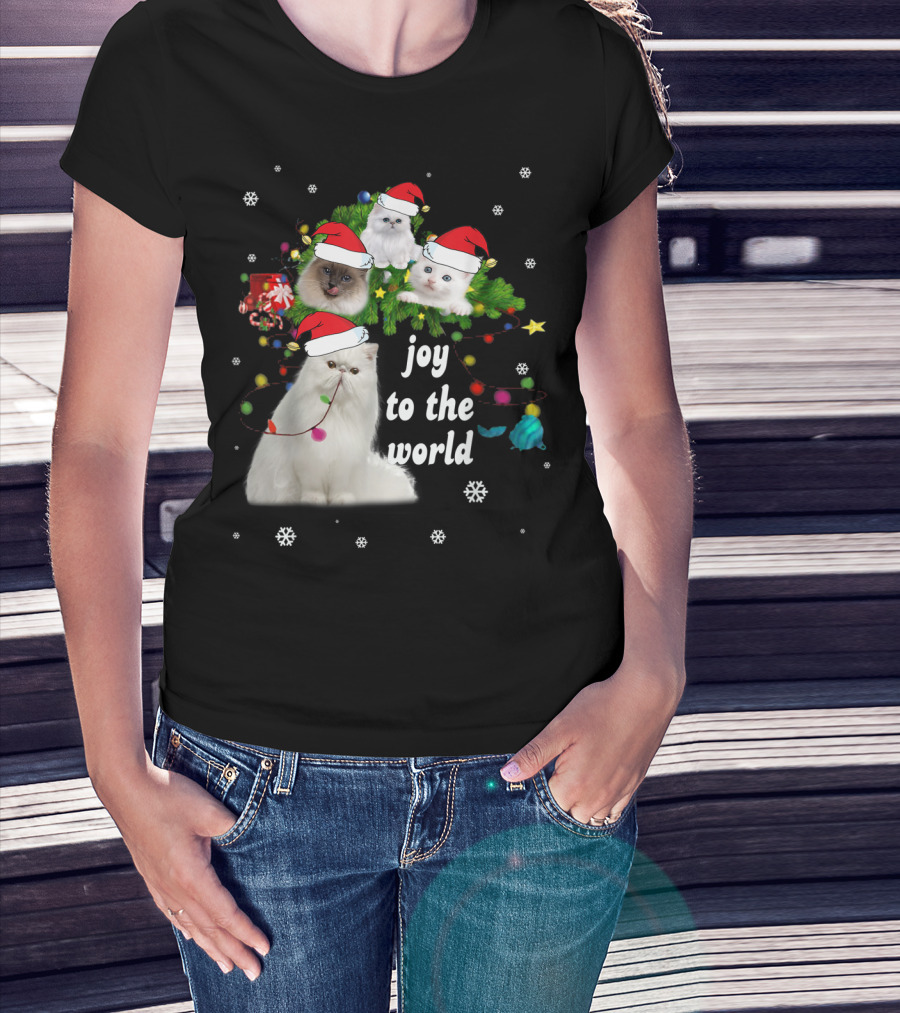 Joy To The World Christmas Cats With Santa Hats And Snowflakes T-Shirt