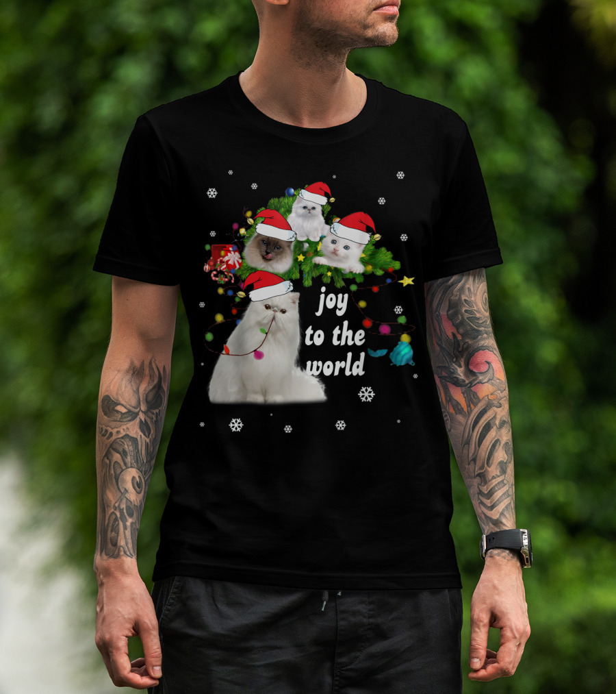 Joy To The World Christmas Cats With Santa Hats And Snowflakes T-Shirt