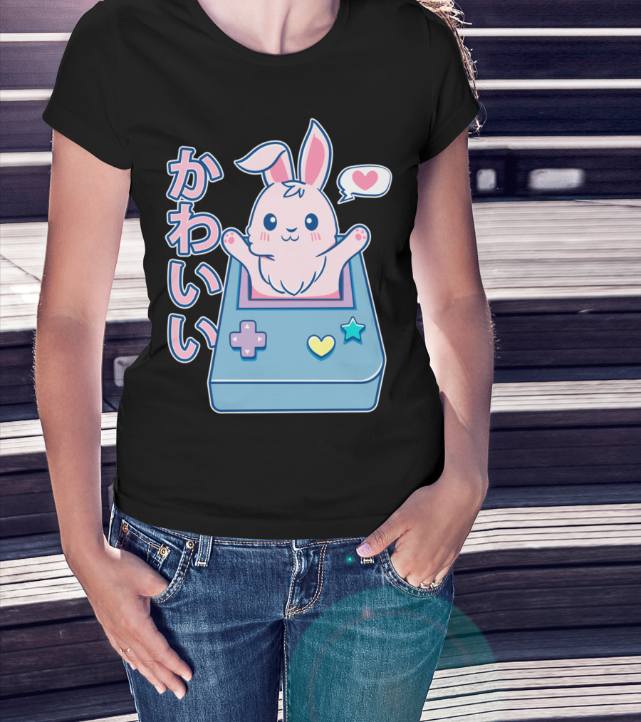 Kawaii Gamer Bunny Rabbit In Pastel Colors With Japanese Text And Game Console T-Shirt